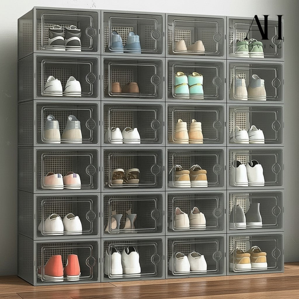 Shoe Storage Box, 12 Pack, Fits up to UK 11 (Grey, Large)