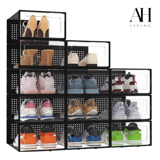 Shoe Storage Box, 12 Pack, Fits up to UK 11 (Black, Large)