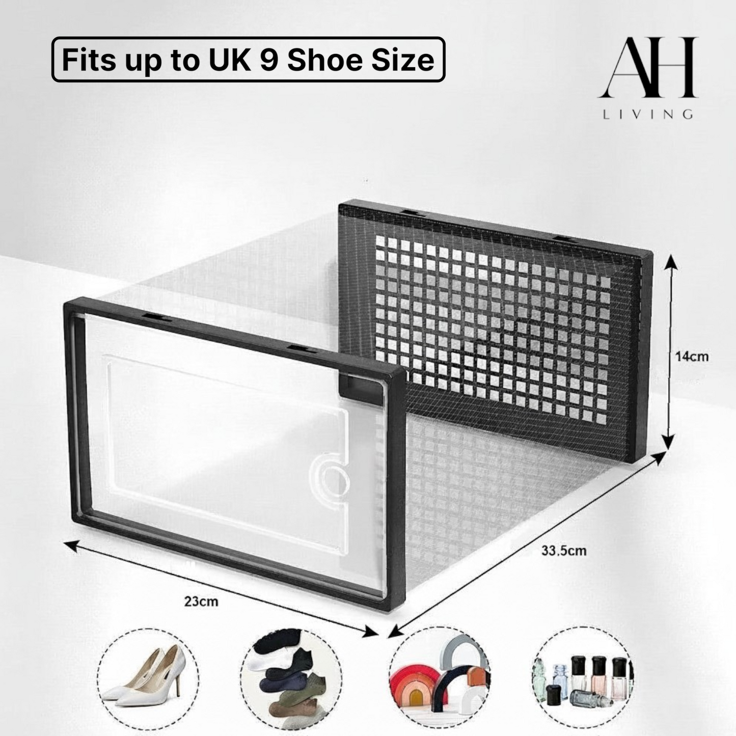Shoe Storage Box, 12 Pack, Fits up to UK 9 (Black, Medium)