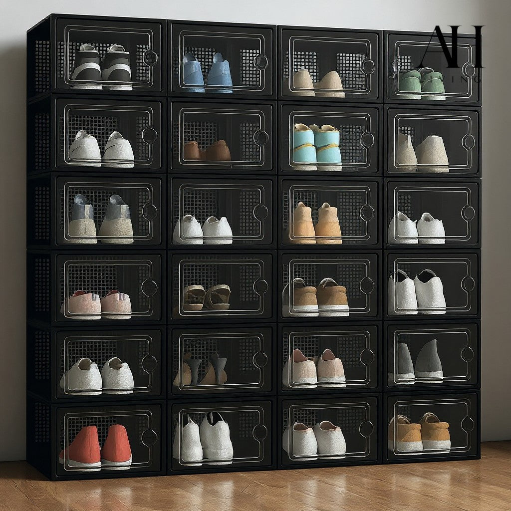Shoe Storage Box, 12 Pack, Fits up to UK 9 (Black, Medium)
