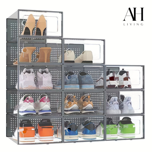 Shoe Storage Box, 12 Pack, Fits up to UK 9 (Grey, Medium)