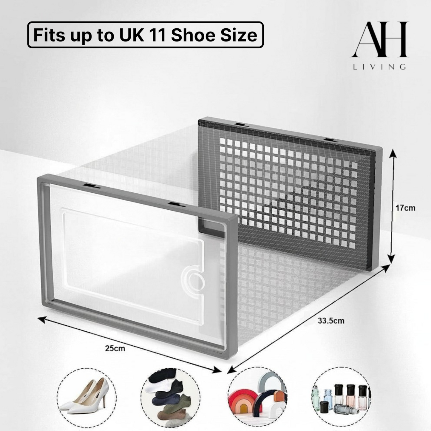 Shoe Storage Box, 12 Pack, Fits up to UK 11 (Grey, Large)