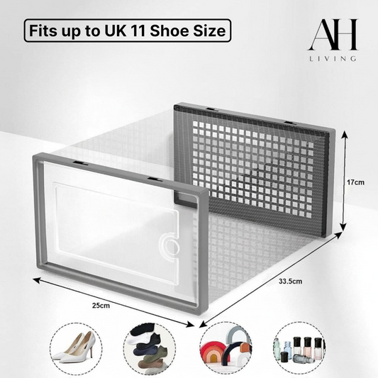 Shoe Storage Box, 12 Pack, Fits up to UK 11 (Grey, Large)