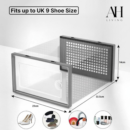 Shoe Storage Box, 12 Pack, Fits up to UK 9 (Grey, Medium)