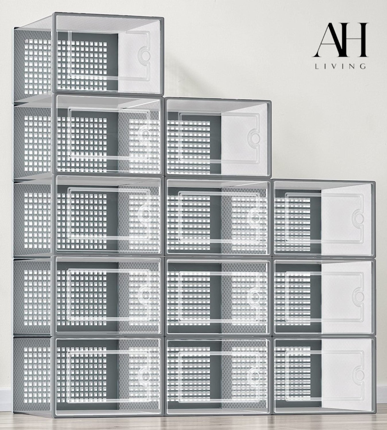 Shoe Storage Box, 12 Pack, Fits up to UK 9 (Grey, Medium)